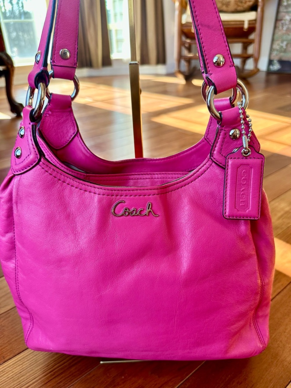 Coach Ashley Leather Hobo Shoulder Bag in Fuchsia with Tan Satin Interior - Picture 2 of 14